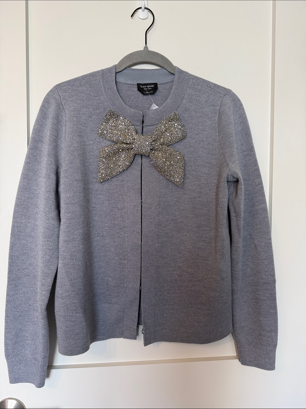 Kate Spade New York Gray Wool Cardigan with Removable Sequin Bow - L